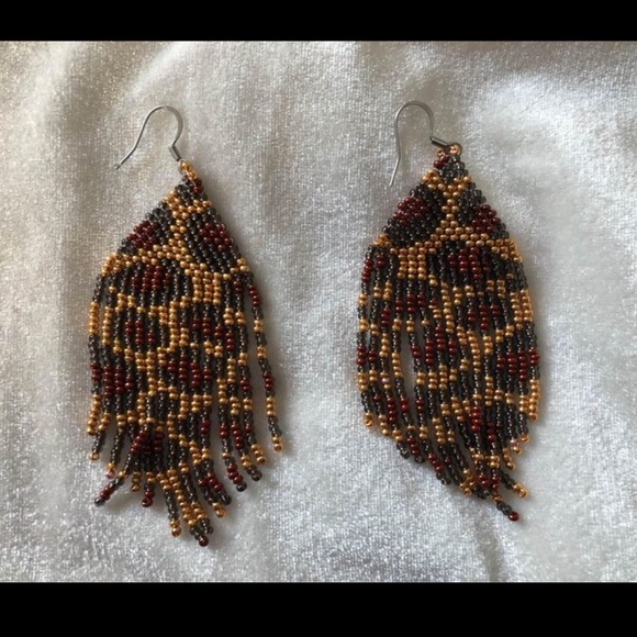 Beaded Leopard Print Fringe Earrings | Handmade - Picture 1 of 2